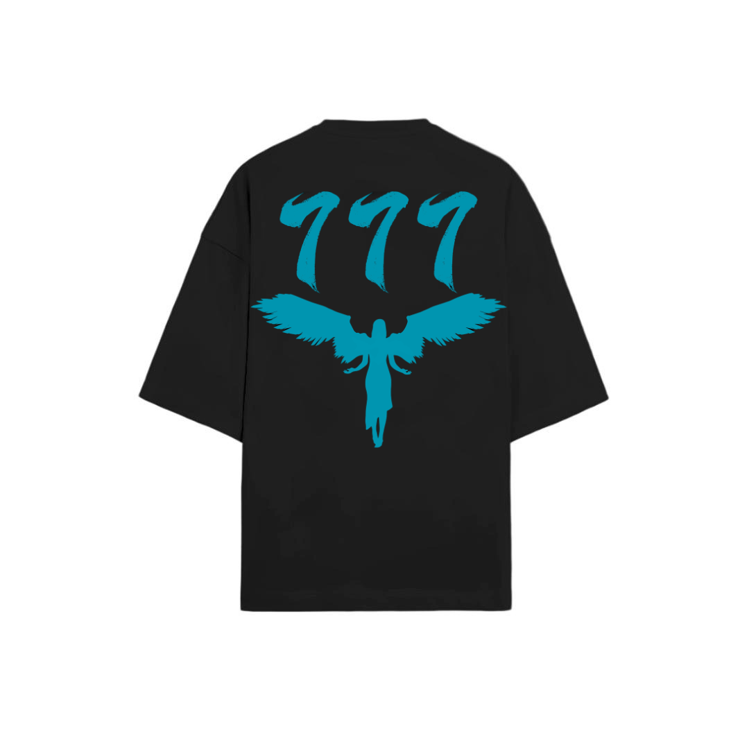 777 oversized t-shirt black back - teal 777 angel graphic print