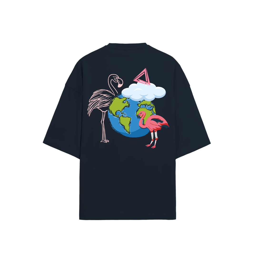 Global Rose oversized t-shirt navy blue back - flamingo and globe graphic print