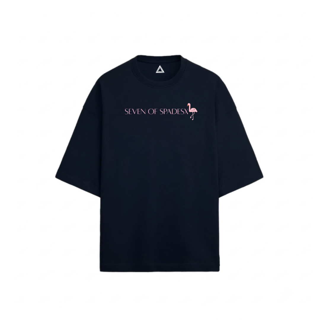 Global Rose oversized t-shirt navy blue front - Seven of Spades X flamingo logo print