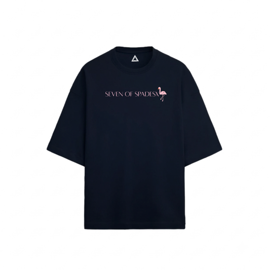 Global Rose oversized t-shirt navy blue front - Seven of Spades X flamingo logo print