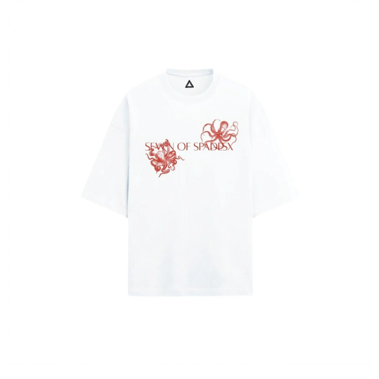 Crimson Depths oversized t-shirt white front - red octopus graphic print Seven of Spades X