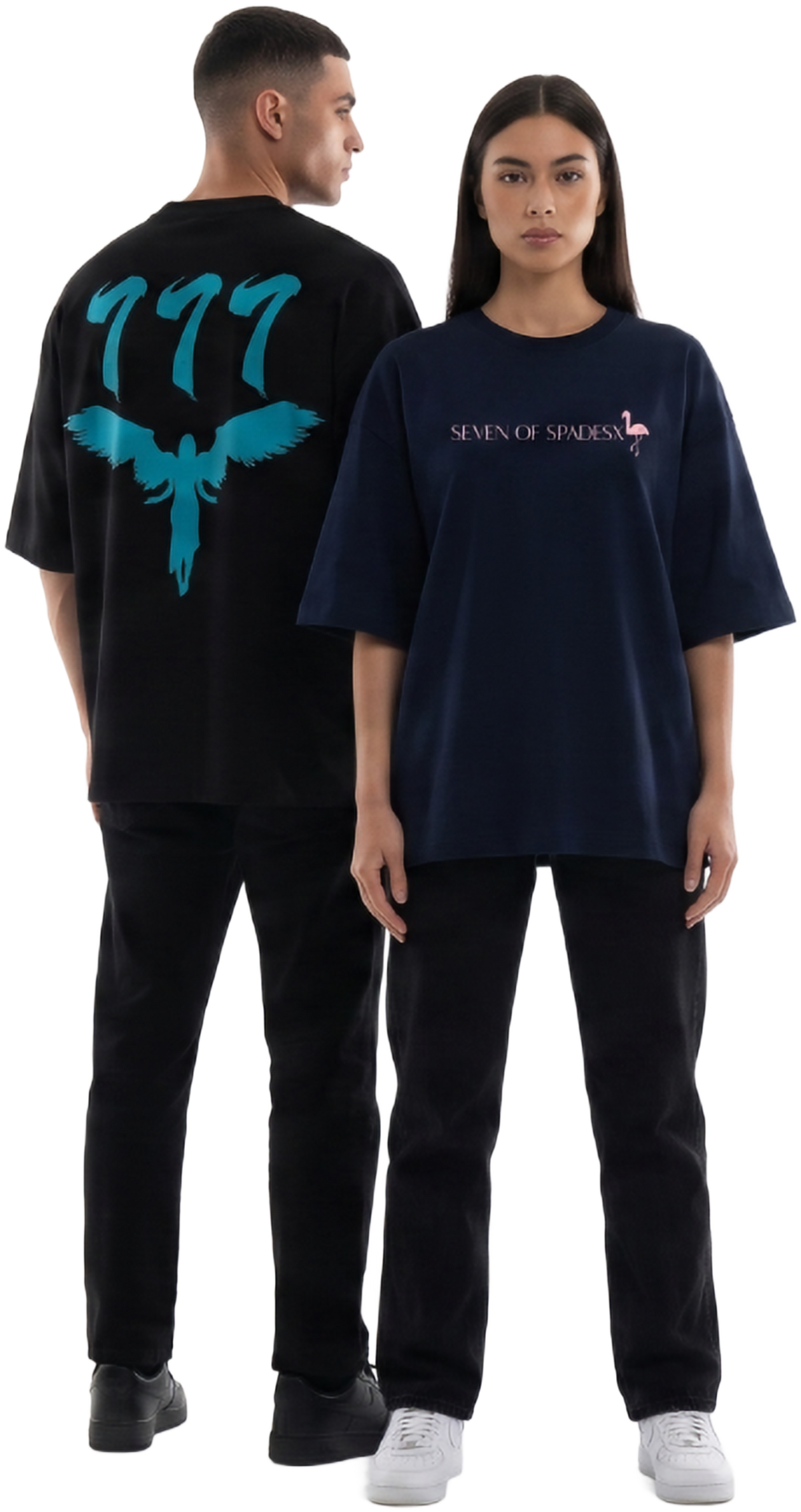 Two models wearing Seven of Spades X oversized t shirts